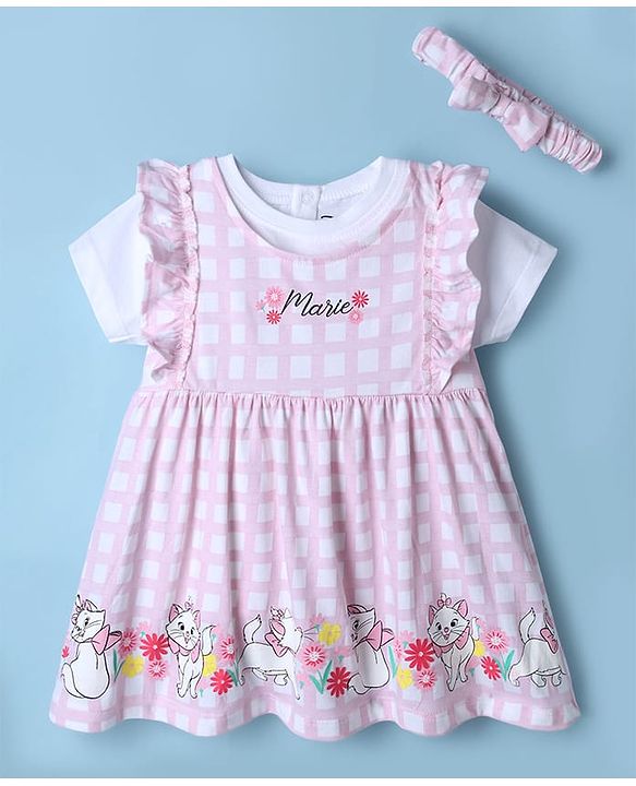Babyhug Disney Single Jersey Knit Frock with Inner Tee and Headband with Half Sleeves and Marie Graphic - Pink