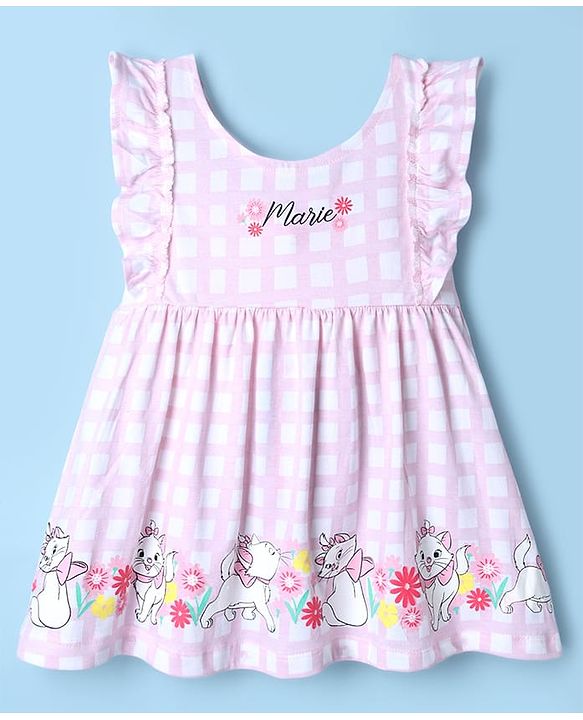 Babyhug Disney Single Jersey Knit Frock with Inner Tee and Headband with Half Sleeves and Marie Graphic - Pink