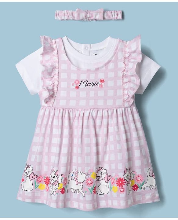 Babyhug Disney Single Jersey Knit Frock with Inner Tee and Headband with Half Sleeves and Marie Graphic - Pink