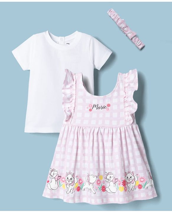 Babyhug Disney Single Jersey Knit Frock with Inner Tee and Headband with Half Sleeves and Marie Graphic - Pink