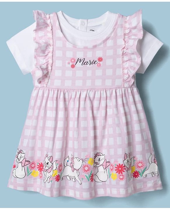 Babyhug Disney Single Jersey Knit Frock with Inner Tee and Headband with Half Sleeves and Marie Graphic - Pink