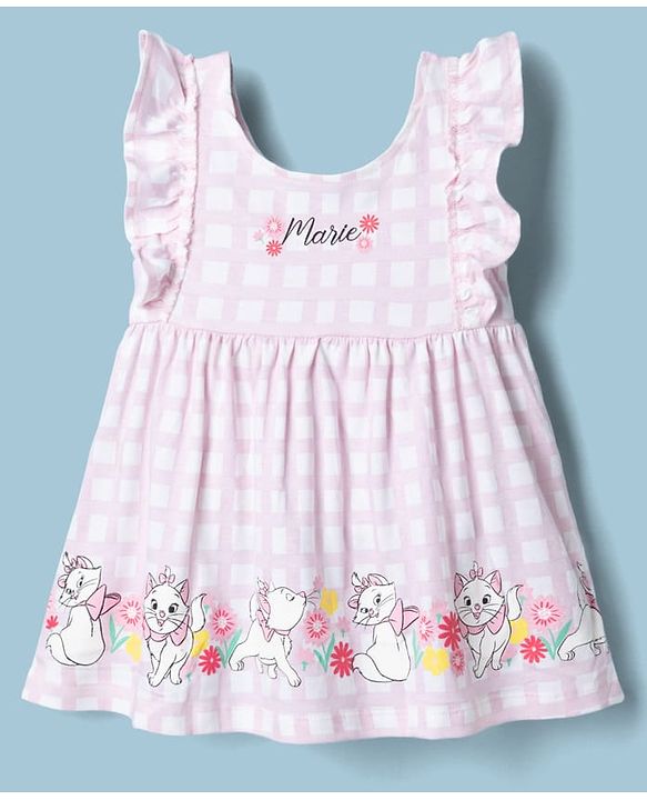 Babyhug Disney Single Jersey Knit Frock with Inner Tee and Headband with Half Sleeves and Marie Graphic - Pink