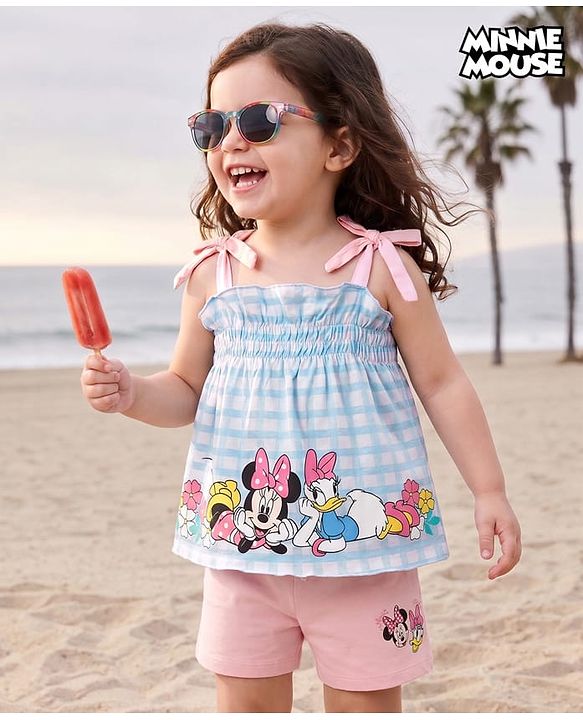 Babyhug Disney 100% Cotton Knit Sleeveless T-Shirt With Tie Up Strap & Shorts Set With Minnie Mouse Family Graphics Pack Of 2 - Light Blue & Pink