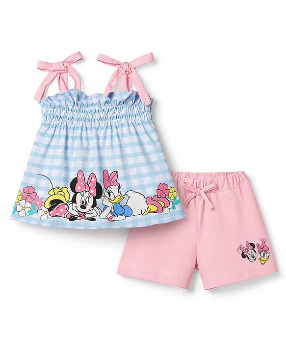 Babyhug Disney 100% Cotton Knit Sleeveless T-Shirt With Tie Up Strap & Shorts Set With Minnie Mouse Family Graphics Pack Of 2 - Light Blue & Pink