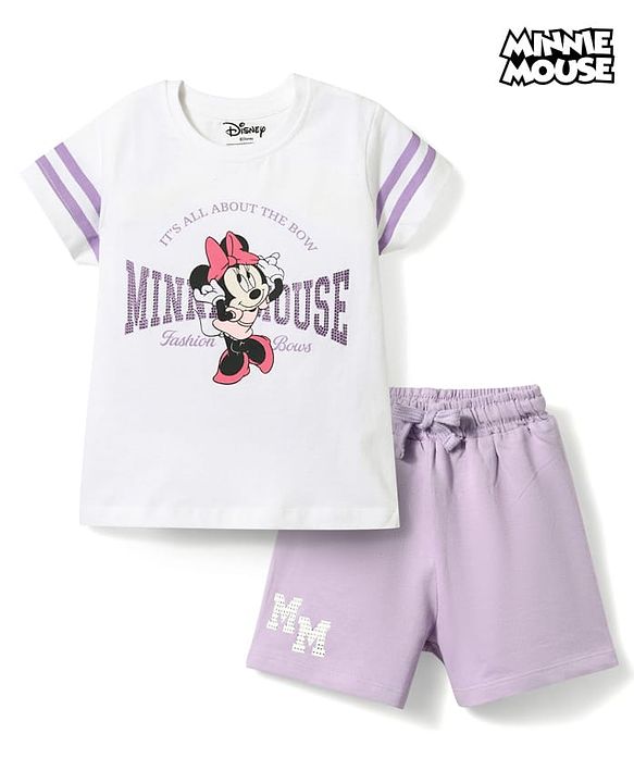 Babyhug Disney 100% Cotton Knit Half Sleeves T-Shirt & Shorts Set With Minnie Mouse Graphics - Multicolor