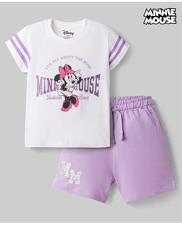 Babyhug Disney 100% Cotton Knit Half Sleeves T-Shirt & Shorts Set With Minnie Mouse Graphics - Multicolor