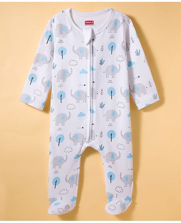 Babyhug Cotton Knit Full Sleeves Footed Sleepsuit & Cap With Elephant & Jungle Print - White