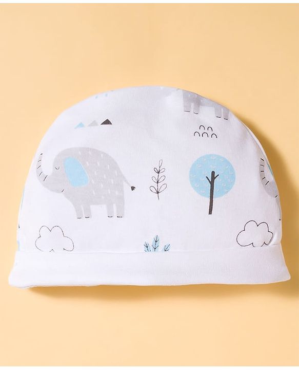 Babyhug Cotton Knit Full Sleeves Footed Sleepsuit & Cap With Elephant & Jungle Print - White