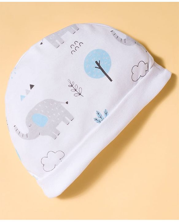 Babyhug Cotton Knit Full Sleeves Footed Sleepsuit & Cap With Elephant & Jungle Print - White