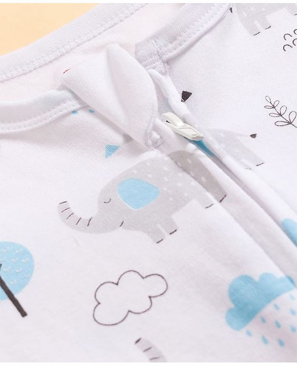 Babyhug Cotton Knit Full Sleeves Footed Sleepsuit & Cap With Elephant & Jungle Print - White
