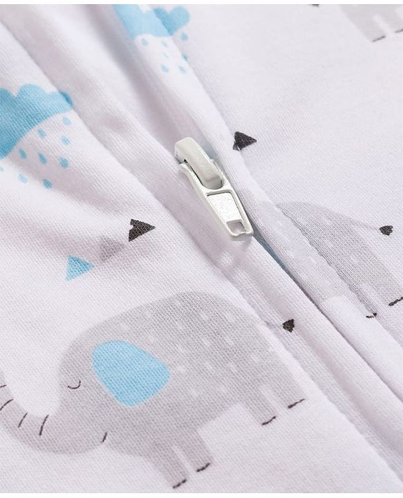 Babyhug Cotton Knit Full Sleeves Footed Sleepsuit & Cap With Elephant & Jungle Print - White