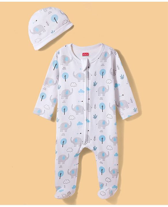 Babyhug Cotton Knit Full Sleeves Footed Sleepsuit & Cap With Elephant & Jungle Print - White