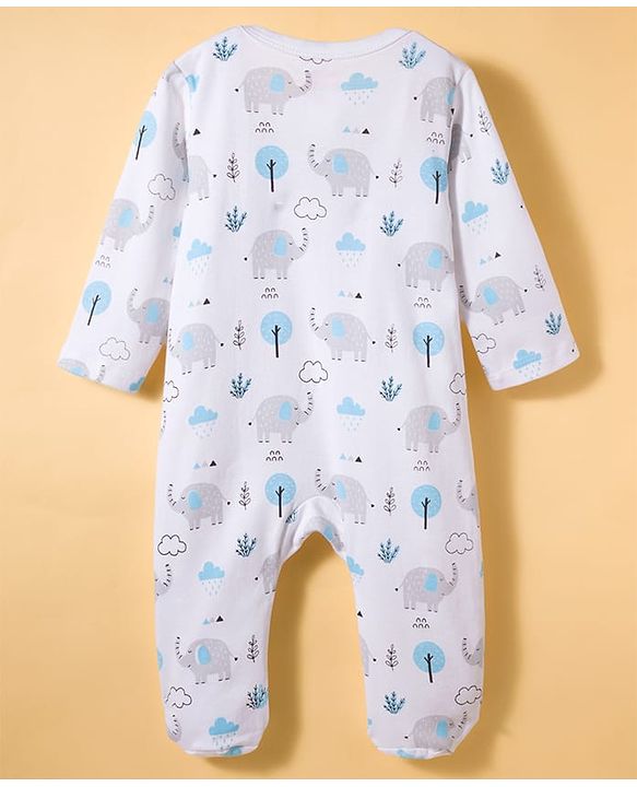 Babyhug Cotton Knit Full Sleeves Footed Sleepsuit & Cap With Elephant & Jungle Print - White