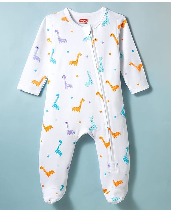 Babyhug Cotton Knit Full Sleeves Footed Sleepsuit With Dino Print & Cap - White