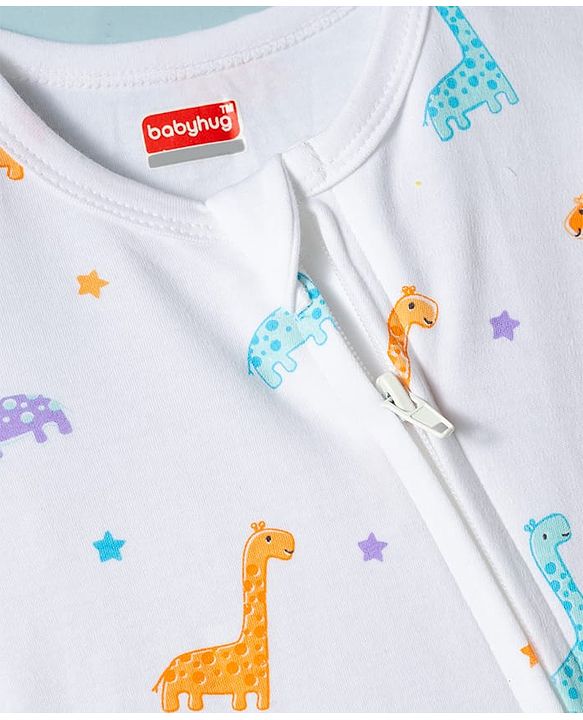 Babyhug Cotton Knit Full Sleeves Footed Sleepsuit With Dino Print & Cap - White