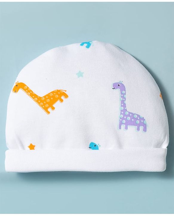 Babyhug Cotton Knit Full Sleeves Footed Sleepsuit With Dino Print & Cap - White