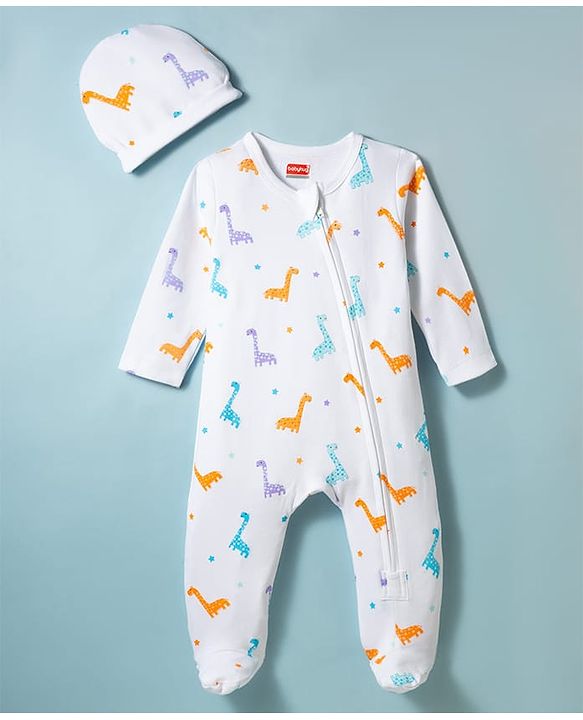 Babyhug Cotton Knit Full Sleeves Footed Sleepsuit With Dino Print & Cap - White