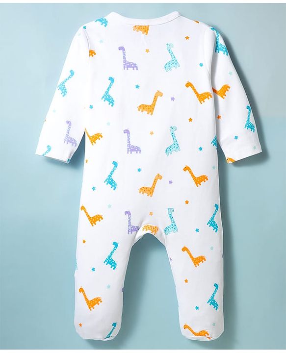 Babyhug Cotton Knit Full Sleeves Footed Sleepsuit With Dino Print & Cap - White