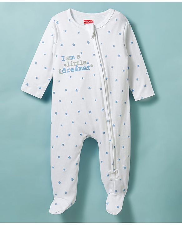 Babyhug Cotton Knit Full Sleeves Star Printed Sleepsuit With Cap - White