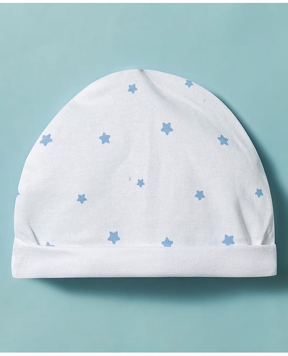 Babyhug Cotton Knit Full Sleeves Star Printed Sleepsuit With Cap - White