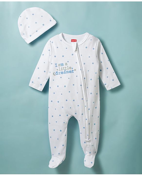 Babyhug Cotton Knit Full Sleeves Star Printed Sleepsuit With Cap - White