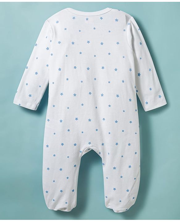 Babyhug Cotton Knit Full Sleeves Star Printed Sleepsuit With Cap - White