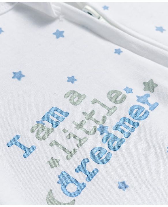 Babyhug Cotton Knit Full Sleeves Star Printed Sleepsuit With Cap - White