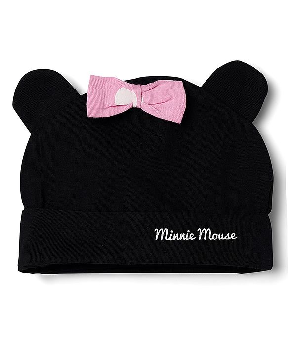 Babyhug Disney Interlock Knit Half Sleeves Onesie and Cap With Minnie Mouse Graphic and Applique Detailing - Pink