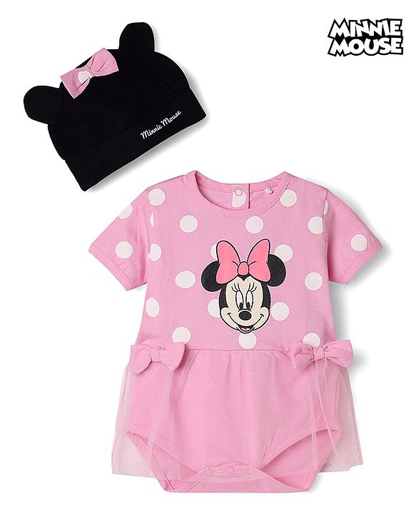 Babyhug Disney Interlock Knit Half Sleeves Onesie and Cap With Minnie Mouse Graphic and Applique Detailing - Pink