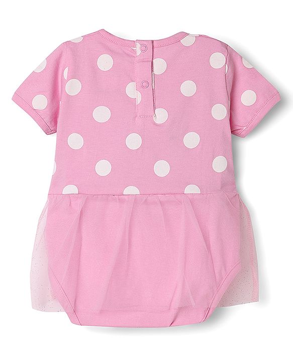 Babyhug Disney Interlock Knit Half Sleeves Onesie and Cap With Minnie Mouse Graphic and Applique Detailing - Pink
