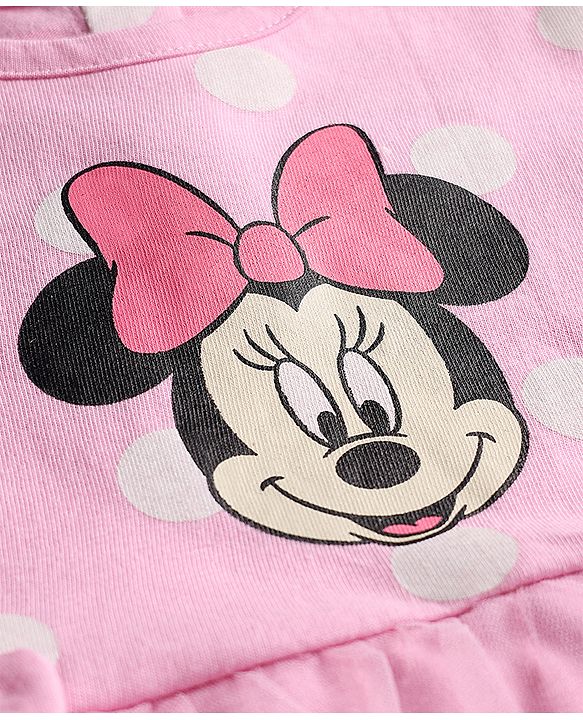 Babyhug Disney Interlock Knit Half Sleeves Onesie and Cap With Minnie Mouse Graphic and Applique Detailing - Pink