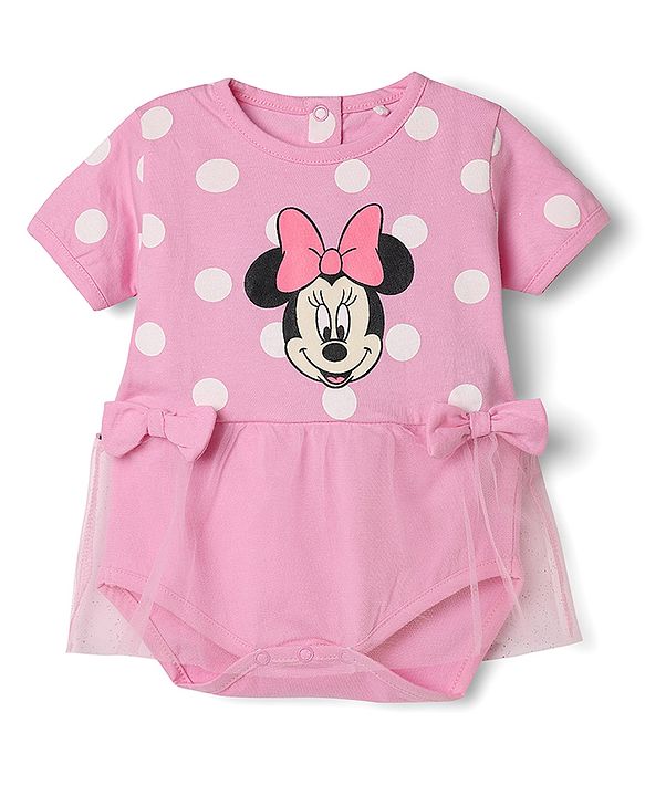 Babyhug Disney Interlock Knit Half Sleeves Onesie and Cap With Minnie Mouse Graphic and Applique Detailing - Pink
