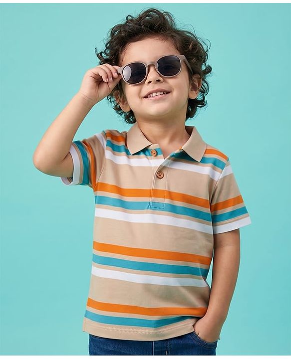 Babyhug 100% Cotton Knit Half Sleeves Polo T-Shirt With Stripes - Tan