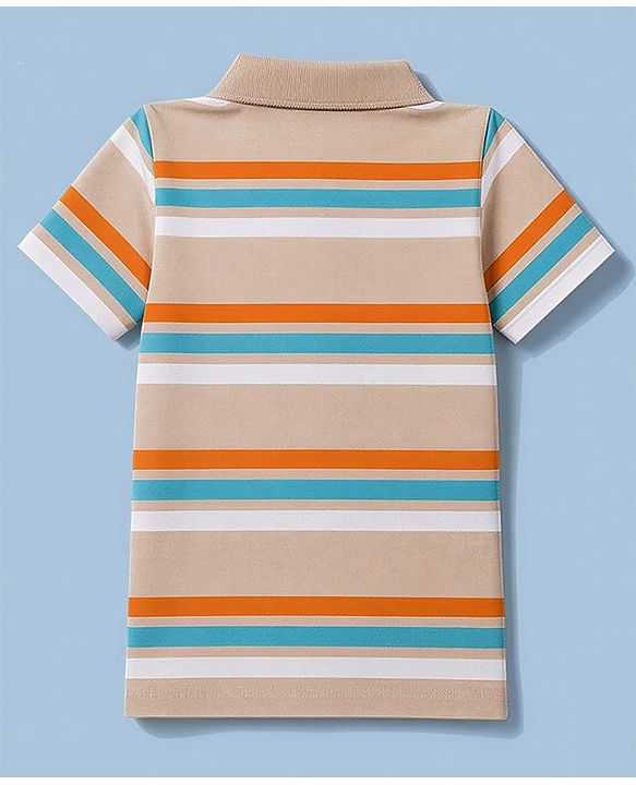 Babyhug 100% Cotton Knit Half Sleeves Polo T-Shirt With Stripes - Tan