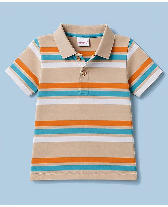 Babyhug 100% Cotton Knit Half Sleeves Polo T-Shirt With Stripes - Tan