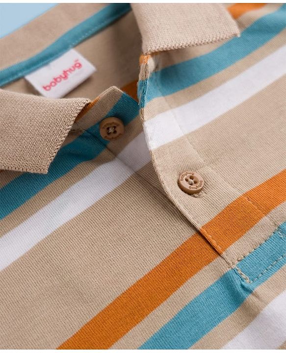 Babyhug 100% Cotton Knit Half Sleeves Polo T-Shirt With Stripes - Tan