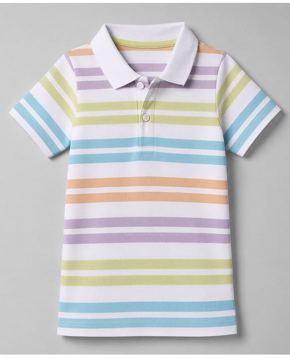 Babyhug 100% Cotton Knit Half Sleeves Polo T-Shirt with Striped Print - White