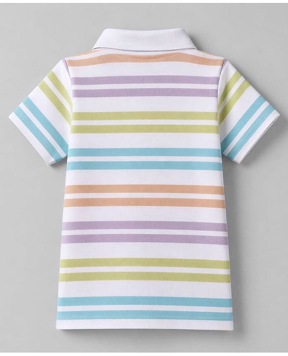 Babyhug 100% Cotton Knit Half Sleeves Polo T-Shirt with Striped Print - White