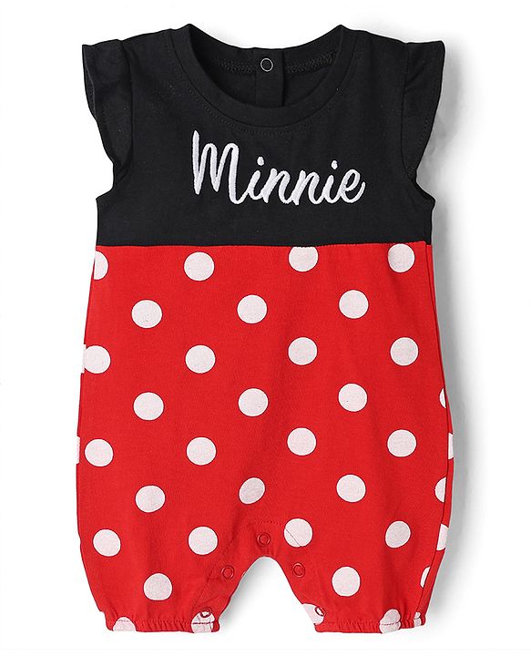 Babyhug Disney Interlock Knit Frill Sleeves Romper and Cap With Minnie Mouse Graphic - Red