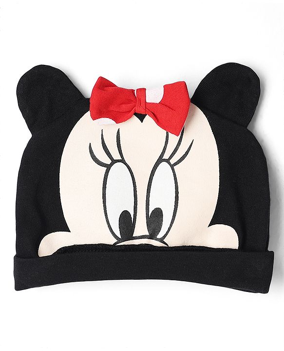 Babyhug Disney Interlock Knit Frill Sleeves Romper and Cap With Minnie Mouse Graphic - Red