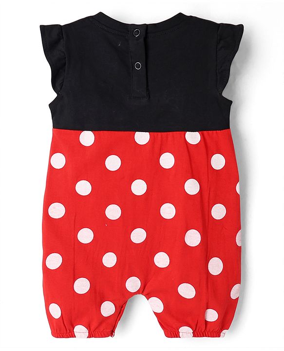 Babyhug Disney Interlock Knit Frill Sleeves Romper and Cap With Minnie Mouse Graphic - Red