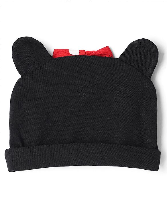 Babyhug Disney Interlock Knit Frill Sleeves Romper and Cap With Minnie Mouse Graphic - Red