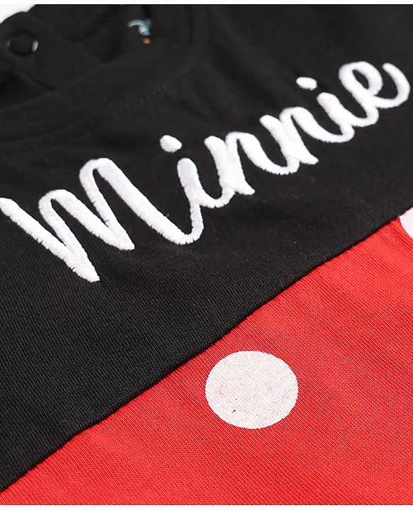 Babyhug Disney Interlock Knit Frill Sleeves Romper and Cap With Minnie Mouse Graphic - Red