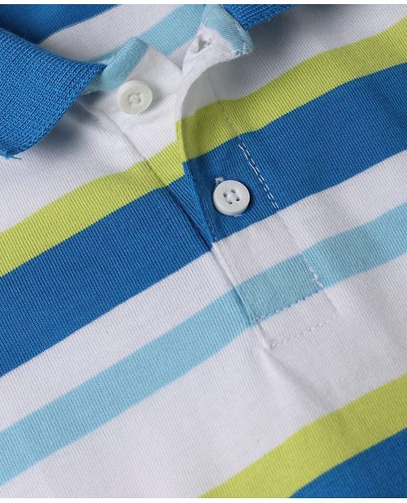 Babyhug 100% Cotton Knit Half Sleeves Polo T-Shirt with Stripes - White & Blue