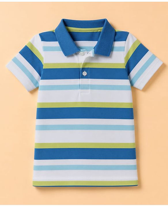 Babyhug 100% Cotton Knit Half Sleeves Polo T-Shirt with Stripes - White & Blue