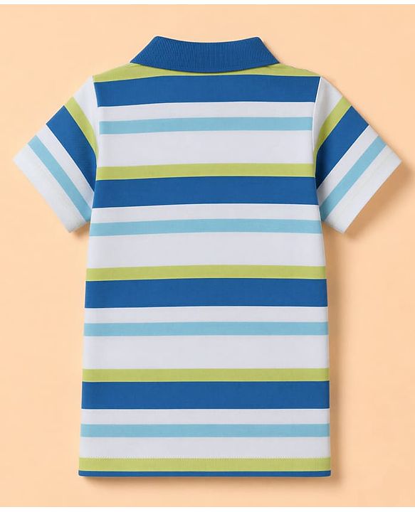 Babyhug 100% Cotton Knit Half Sleeves Polo T-Shirt with Stripes - White & Blue
