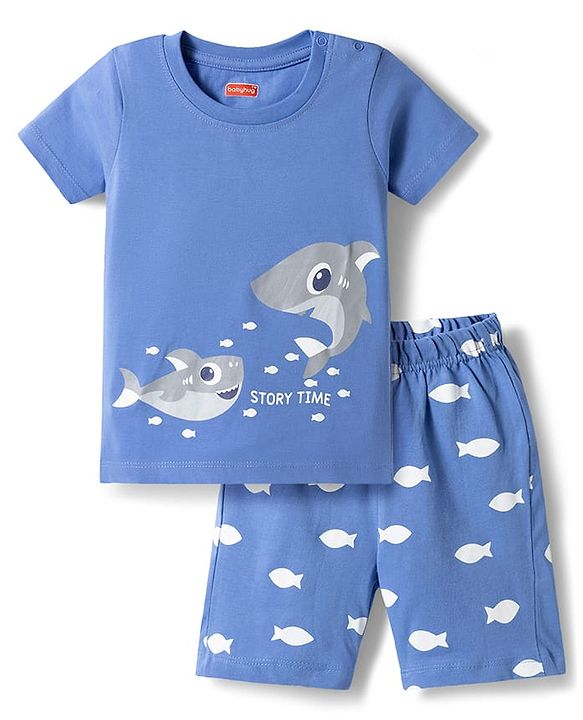 Babyhug Cotton Knit Half Sleeves T-Shirt & Shorts Night Suit with Whale Print - Blue