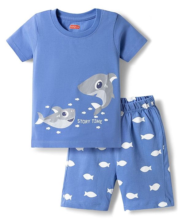 Babyhug Cotton Knit Half Sleeves T-Shirt & Shorts Night Suit with Whale Print - Blue