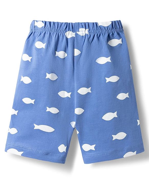 Babyhug Cotton Knit Half Sleeves T-Shirt & Shorts Night Suit with Whale Print - Blue
