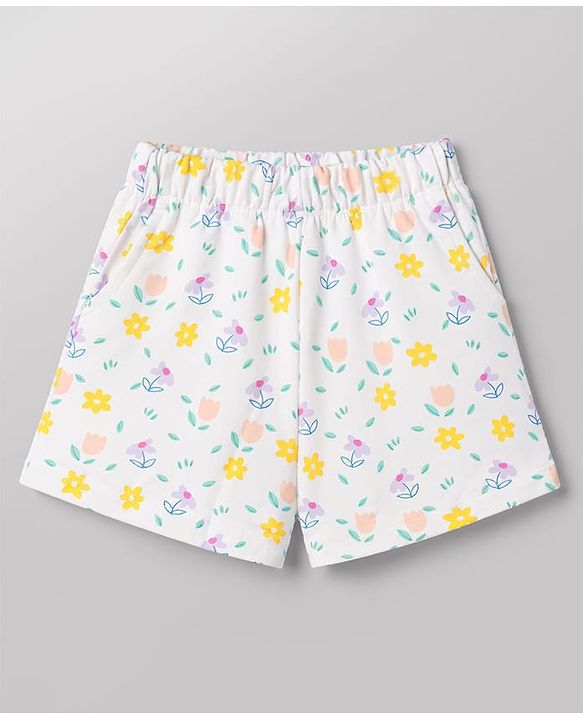 Babyhug Single Jersey Knit Half Sleeves Top & Shorts Set With Floral Print - Lavender & White